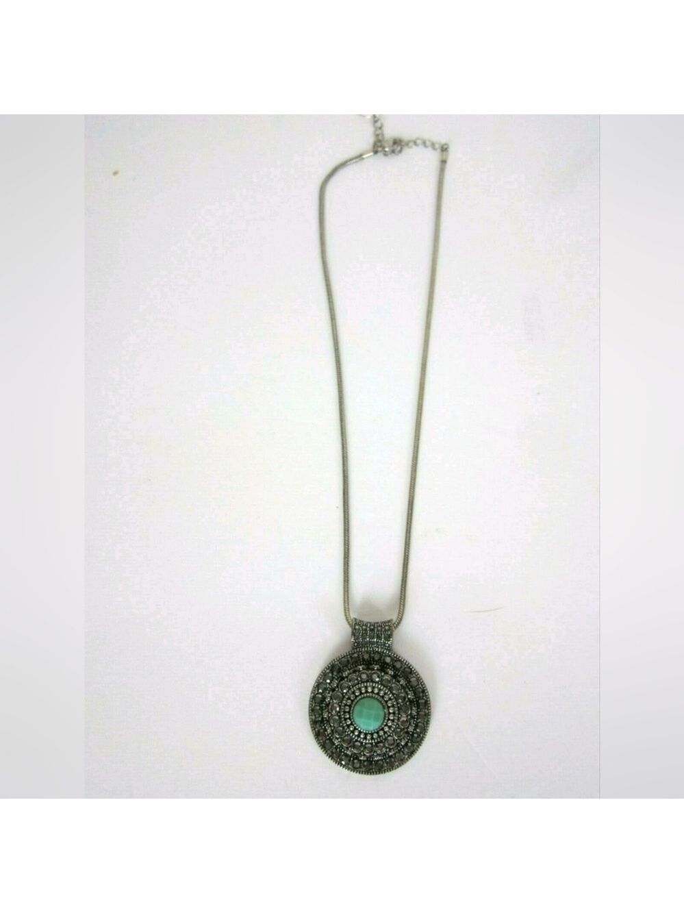 Crown Trifari Necklace Silver Tone Pave Rhinestone Disk Pendant 16"